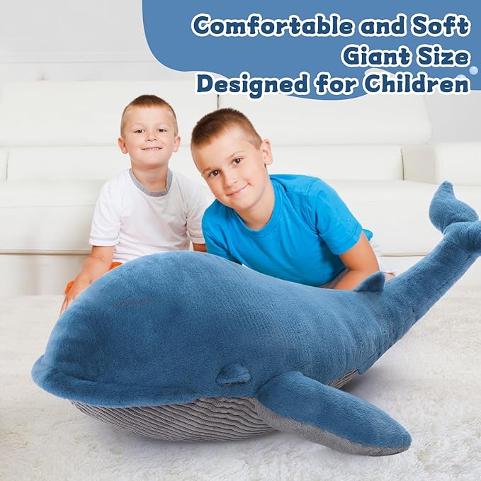 Tezituor 43.3 inch Giant Whale Stuffed Animal, Large Realistic Blue Stuffed Whale Plush Ocean Toys Gift for Christmas Birthday, Hugging 4ft Soft Whale Plush Body Pillow for Girls Boys