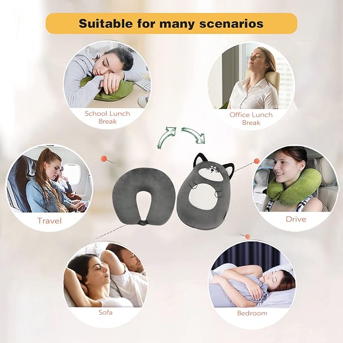 stocaggio Kids Travel Pillow - 2-in-1 Deformable Kids Neck Pillow for Traveling, Soft U-Shaped Pillow with Adorable Animal Design, Comfy Sleep and Play, Ideal for Airplanes and Cars - Gray Husky