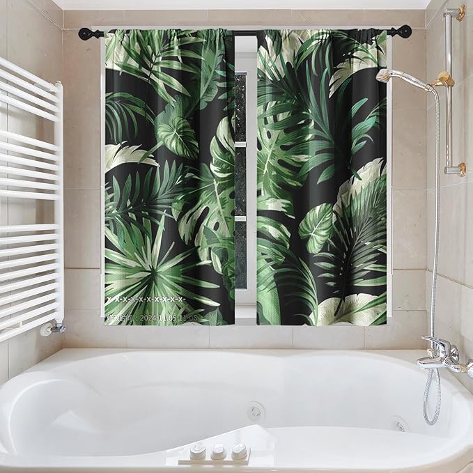 Culudea Green Tropical Plant Jungle Leaf Waffle Textured Cloth Shower Curtain Set, Palm Tree Leaves Black Bathroom Window Waterproof Shower Curtains for Bathroom Decor