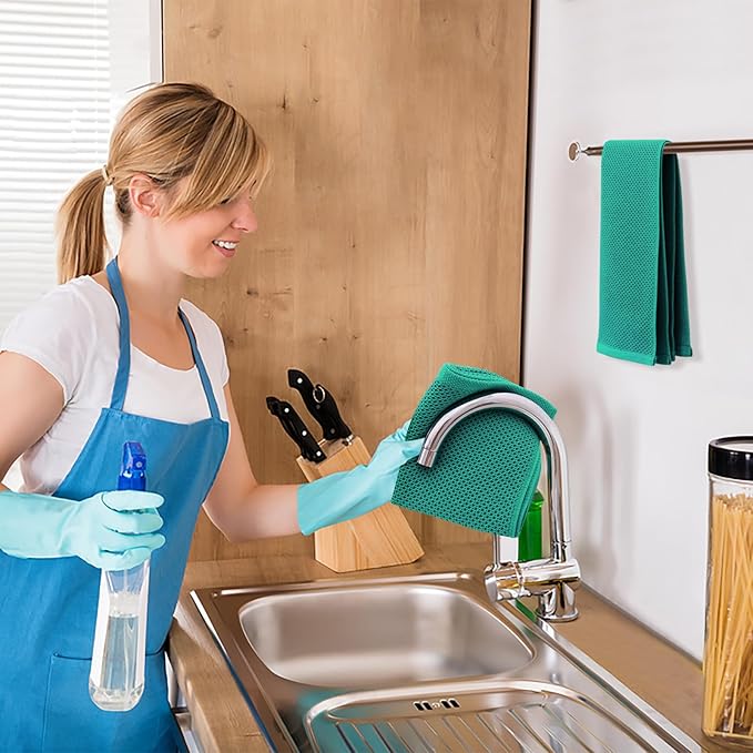 Kitinjoy 100% Cotton Waffle Weave Kitchen Towels, 4-Pack Super Soft and Absorbent Dish Towels for Drying Dishes, Kitchen Hand Towels, 13 in x 28 in, Teal