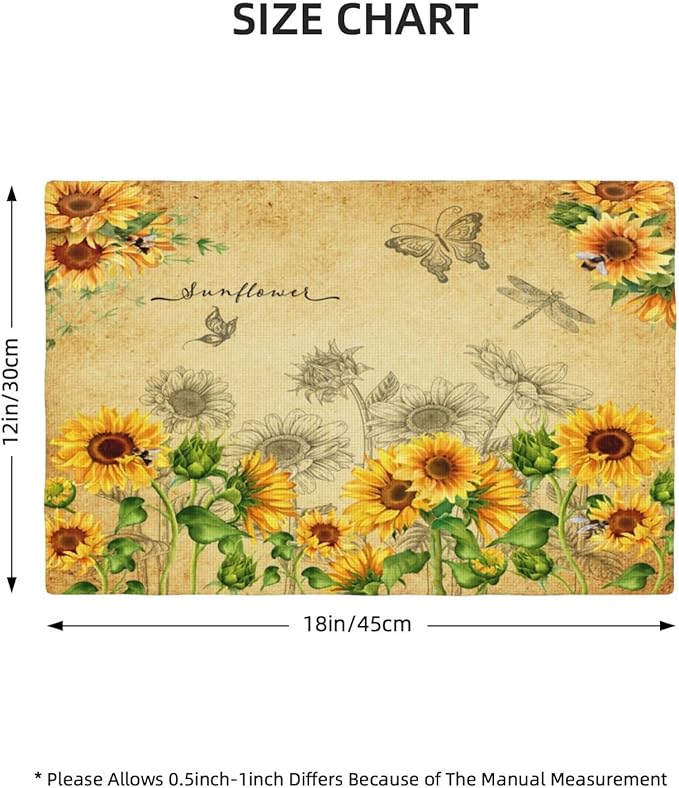 Sunflower Placemats, Rural Vintage Old Watercolour Sunflower Butterfly Flower Bee Print Washable Fabric Placemats Table Kitchen Dining Party 12x18 Inch Set of 6