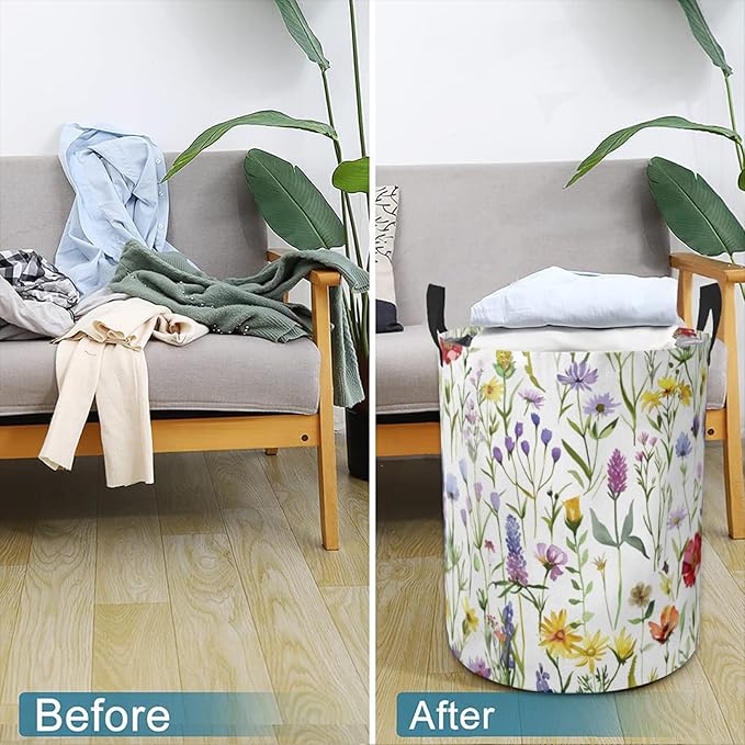 Laundry Basket Wildflower Meadow Collapsible Laundry Hamper with Handles Clothes Storage Bin for Household Bedroom Bathroom College Dorms