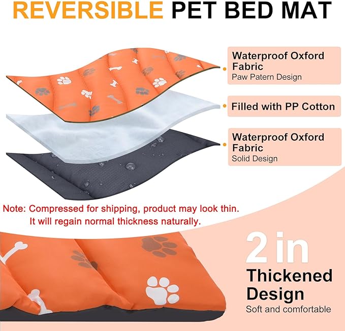 BEAUTYZOO Outdoor Dog Bed Waterproof, Camping Dog Bed Reversible, Portable Travel Bed with Carry Bag- Machine Washable, Durable, Foldable Outdoor Pet Bed Mat for Medium Large Dogs, 35" x 51" Orange