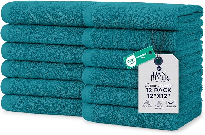 DAN RIVER 12 Pack Wash Cloths for Showering [12x12] - 100% Cotton Washcloths Premium Quality Flannel Face Cloths for Bathroom, Highly Absorbent and Soft Feel Wash Clothes, Teal