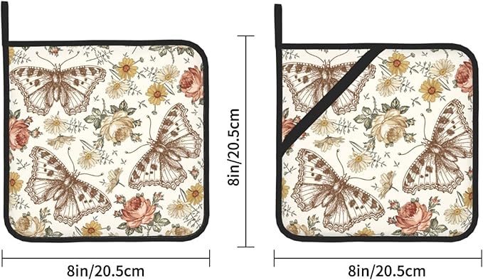 2-PC Retro Butterfly and Flowers Pot Holders, Heat Resistant Hot Pot Pads for Kitchen Camping, Non-Slip Grip Pad Holder with Three Layers Soft Fabric (Beige)