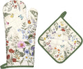 Floral Grass Oven Mitts and Pot Holders Sets 2Pcs, 100% Cotton Heat Resistant, Extra Long Oven Gloves Potholder for Kitchen Cooking Baking Decoration