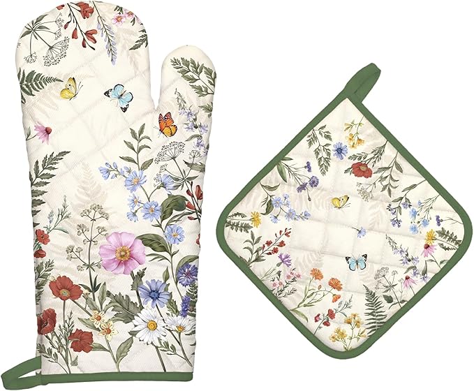 Floral Grass Oven Mitts and Pot Holders Sets 2Pcs, 100% Cotton Heat Resistant, Extra Long Oven Gloves Potholder for Kitchen Cooking Baking Decoration