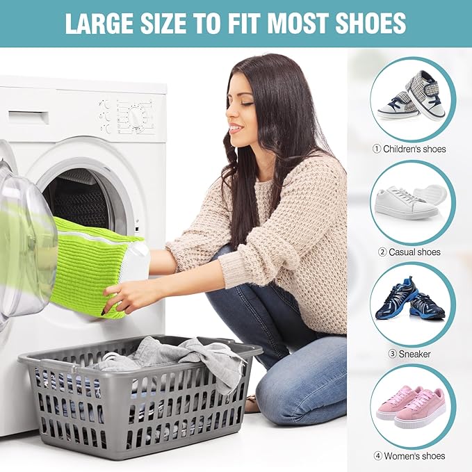 2 Pcs Shoe Washing Machine Bags with 4 Adjustable Shoe Trees, XXL Laundry Bags for Washer and Dryer, Sturdy Zipper with Hook Design, Reusable Cleaning Bag for Sneaker, Tennis (Green)