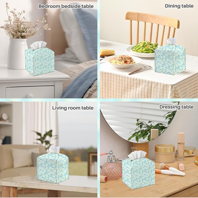Tissue Box Cover, Tissue Box Holder, Square with Belt Bottom, PU Leather Decorative Organizer for Desk, Tabletop, Countertop Bathroom, Toilet Car, Office, Dresser Bedside, Aesthetic Wildflowers Decor