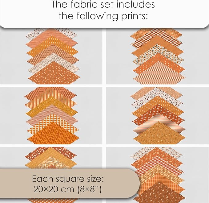 Cotton Satin Patchwork Fabric Panel – 35 Designs, 20×20 cm Squares, Single Piece 150×110 cm, Terracotta Orange Quilt Fabric(Sunset Orange Floral Patchwork Set, 35pcs 8x8 inch)