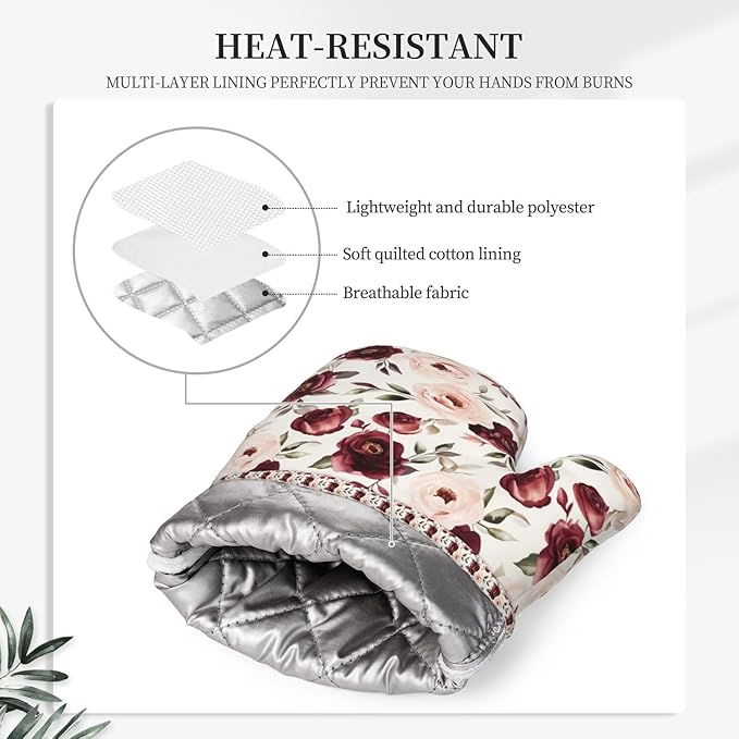 Oven Mitts Pot Holders Set Rose Flower Watercolor Floral Silicone Kitchen Gloves Potholders Heat Resistant for Chef Baking Cooking Grilling BBQ 4 Pack Mitt