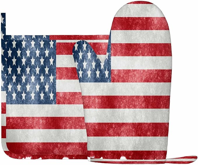 Mxocom Grungy Us Flag Oven Mitts and Pot Holders Sets Vintage American Flag Red Stripes Ancient Country Flag Silicone Heat Resistant Kitchen Oven Gloves Pot Holder for Cooking