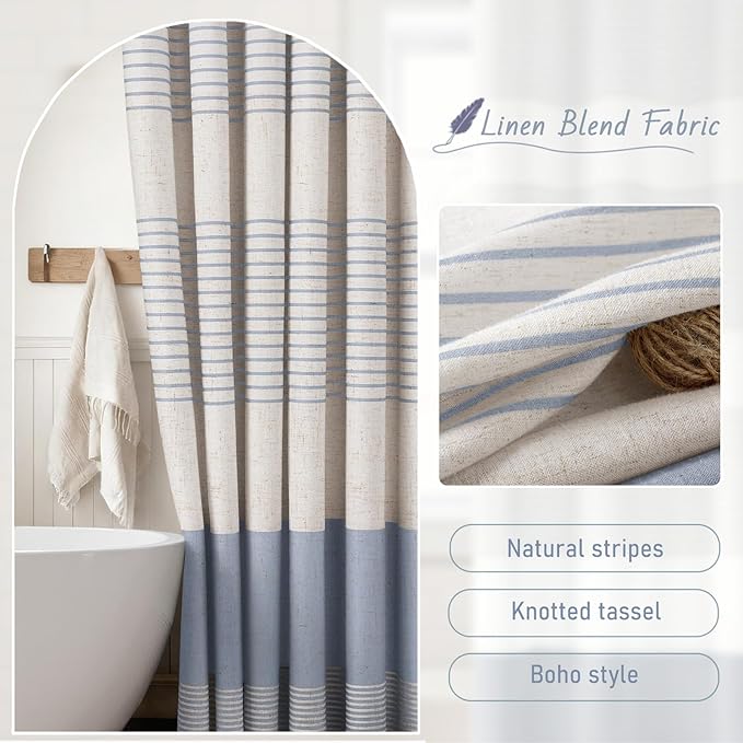 XOGUIBO Light Blue Shower Curtain Linen Coastal Ocean Striped Shower Curtains for Bathroom with Tassel 72 X 72