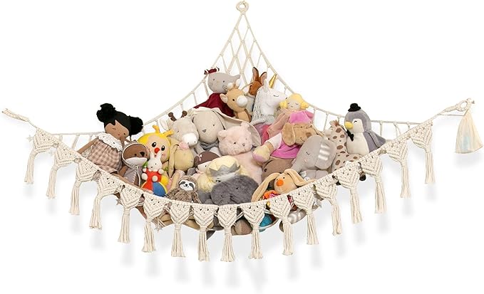 Abby Baby Extra Large Stuffed Animal Hammock with LED Lights 100% Natural Cotton Macrame Toy Storage Net for Plushies & Squishmallows Boho Macrame Corner Organizer for Kids’ Room or Nursery (Beige)