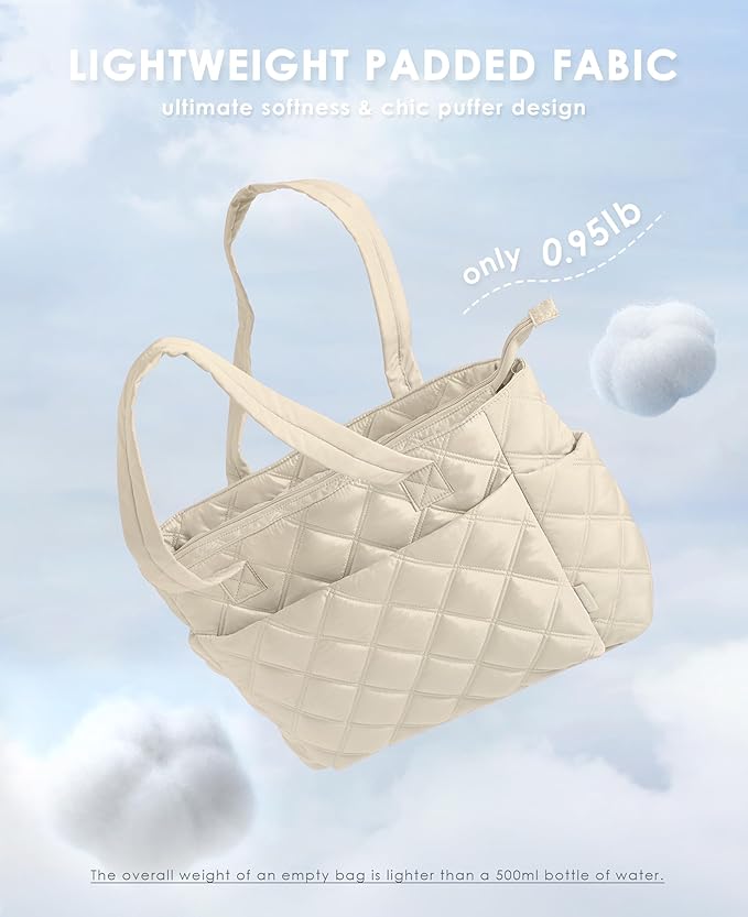 Uselike Tote Bag for Women, Lightweight Puffer Tote Work Bags with Compartments for Travel, Quilted Shoulder Bag with Zipper