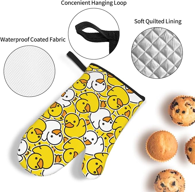 Cute Yellow Duck Oven Mitts and Pot Holders Set of 4, Oven Mittens and Potholders Heat Resistant Gloves for Kitchen Cooking Baking Grilling BBQ