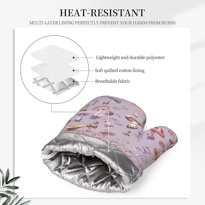 Oven Mitts Pot Holders Set Mushrooms Vintage Botanical Silicone Kitchen Gloves Potholders Heat Resistant for Chef Baking Cooking Grilling BBQ 4 Pack Mitt