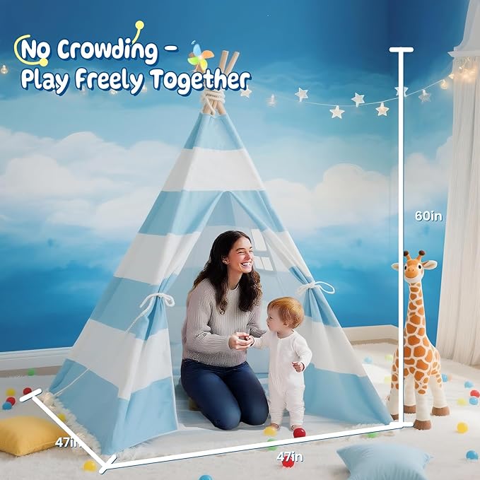 xiaowantong Teepee Tent for Kids with Padded Mat, Lights, and Carry Bag, Washable Playhouse for Indoor Use, Ideal Play Tent for Girls and Boys,Stripe Blue