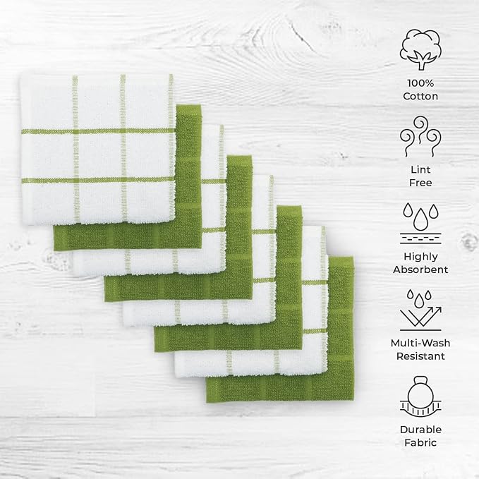 Mellow Buff 100% Cotton Terry Dish Cloth & Dish Towel, 6 Pack, Super Soft and Absorbent Kitchen Towels, Perfect for Kitchen Cleaning and Dish Washing (Green (Solid and Checks) 8 Pack)