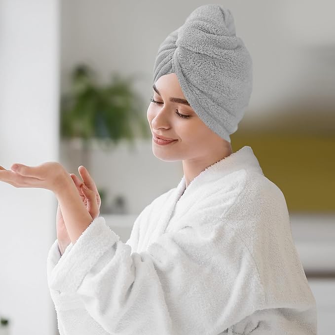 AGLIFEFY 2 Pack Microfiber Hair Towel Wrap for Women Super Absorbent Quick Dry Hair Turban for Drying Curly, Long & Thick Hair 10 inch X 26 inch Lightgrey+Lightgrey
