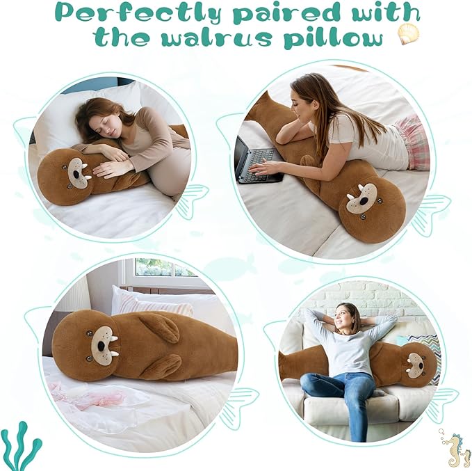 MorisMos Long Walrus Plush Body Pillow 39.3", Cute Walrus Stuffed Animal Cuddly Soft Sleeping Throw Pillow Toy Gift for Kids Girlfriend Birthday Christmas