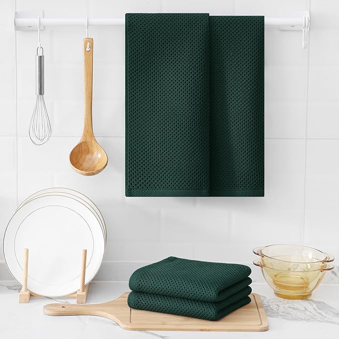 Kitinjoy 100% Cotton Waffle Weave Kitchen Towels, 12-Pack Super Soft and Absorbent Dish Towels for Drying Dishes, Kitchen Hand Towels, 13 in x 28 in, Blackish Green