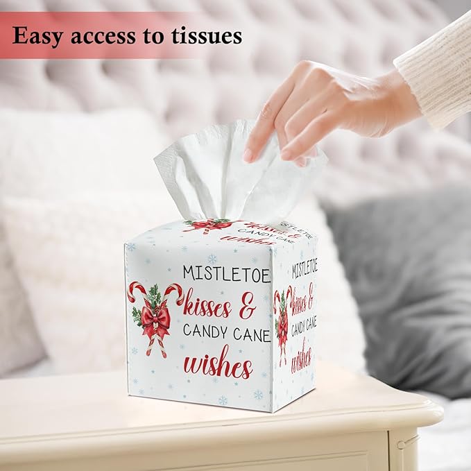 Christmas Candy Cane Tissue Box Cover, Leather Tissue Holders Decorative for Home Office Kitchen Bathroom Organizer, Square Facial Paper Organizer Christmas Home Decor -042
