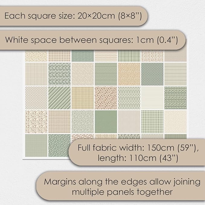 Cotton Satin Patchwork Fabric Panel – 35 Designs, 20×20 cm Squares, Single Piece 150×110 cm, Sage Green & Beige Patchwork Quilt Fabric (Meadow Breeze Patchwork Set, 35pcs 8x8 inch)
