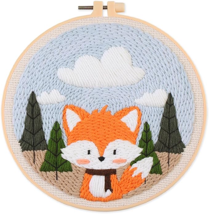 Myfelicity Punch Needle Embroidery Kit, Beginner Craft Set with Animal Pattern Design, 7.9 Inch Hoop (Fox)
