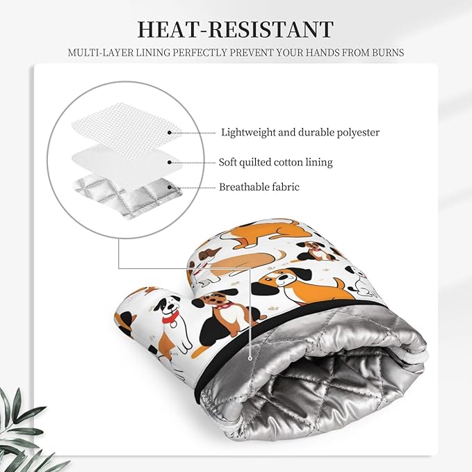 Oven Mitts and Potholders Yellow Cartoon Dog Silicone Glove Heat Resistant, Kitchen Gloves for Cooking, 2-Piece Set