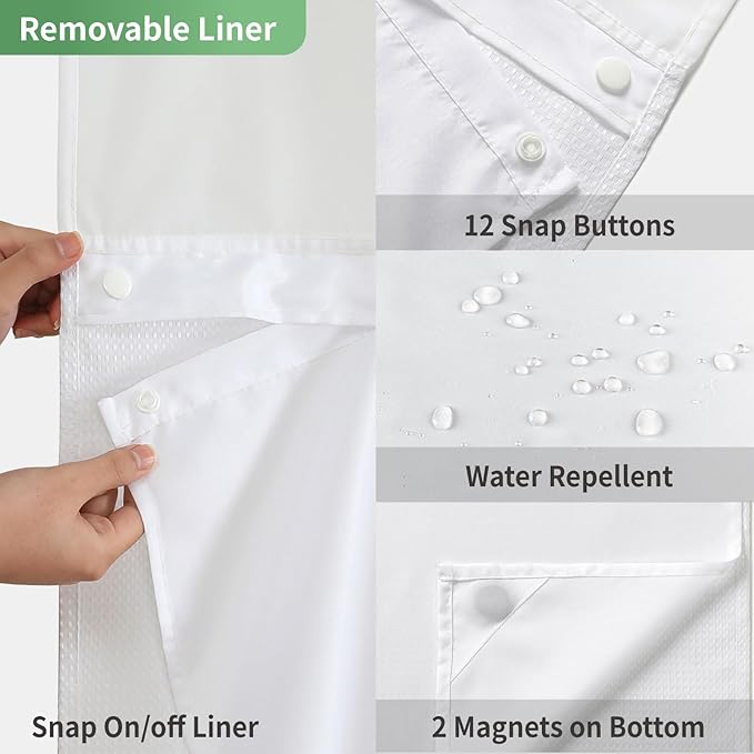 eachope White No Hook Shower Curtain with Snap-in Fabric Liner Set,Waffle Weave Shower Curtains for Bathroom,Hotel Luxury Decor Bathroom Curtain Set,Waterproof & Washable,71Wx77H