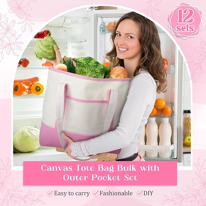 Sanwuta Canvas Tote Bags Bulk with Outer Pocket and Makeup Pouch 18'' Reusable Grocery Bags with Handles for Women Beach DIY