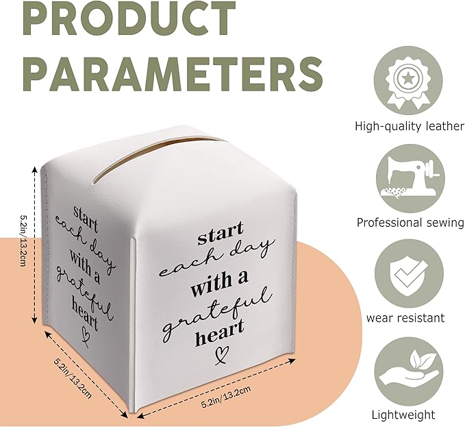 Leather Decorative Tissue Box Cover Square, Cube Tissue Box Cover Holder, Inspirational Gifts Ideas for Bestie, Start Each Day with A Grateful Heart, Bathroom Office Decor -(5.2 Inches) A44