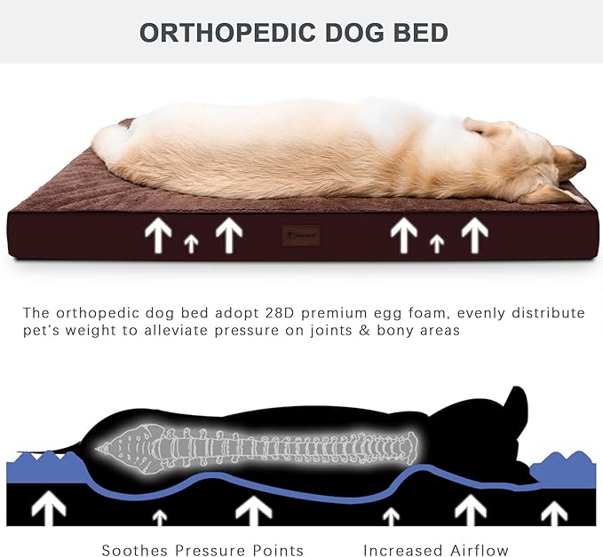MIHIKK Waterproof Dog Bed Large Size Dog Orthopedic Pet Beds for Crate with Removable Washable Cover Egg-Crate Foam Pet Pad Mat with Anti-Slip Bottom, 36x27 Inch, Brown