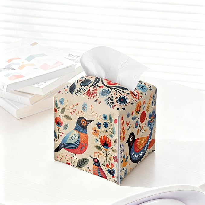 Scandinavian Tissue Box Holder, Floral Bird Leather Tissue Box Cover Square, Paper Napkins Everyday Dispenser for Bathroom Vanity Countertop Night Stands Kitchen Office Car Home Decor