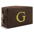 Personalized Initial Makeup Bag,Preppy Suede Cosmetic Bag for Teen Girls,Small Monogram Travel Toiletry Bag With Gold Embroidered Letter,Trendy Stuff Custom Christmas Gift for Women(Coffee-G)