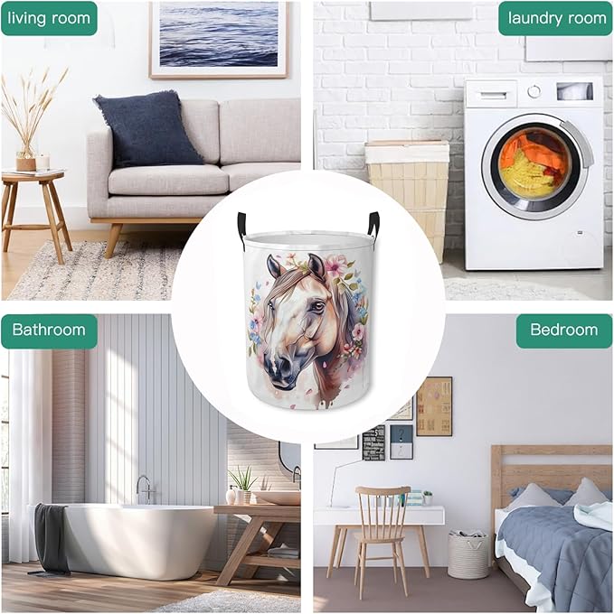 Laundry Basket Floral Horse Collapsible Laundry Hamper with Handles Clothes Storage Bin for Household Bedroom Bathroom College Dorms