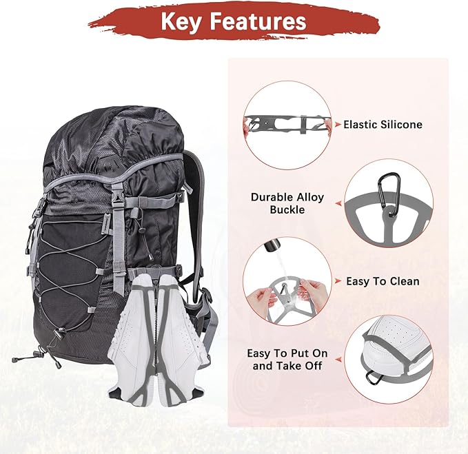 TIXIPEM Shoe Holster for Backpack [1SET] - Elastic Silicone Footwear Holder with Clip Use for Travel & Outdoors & Sports - [Gray-XL] Hang Extra Shoes Cleats Boots
