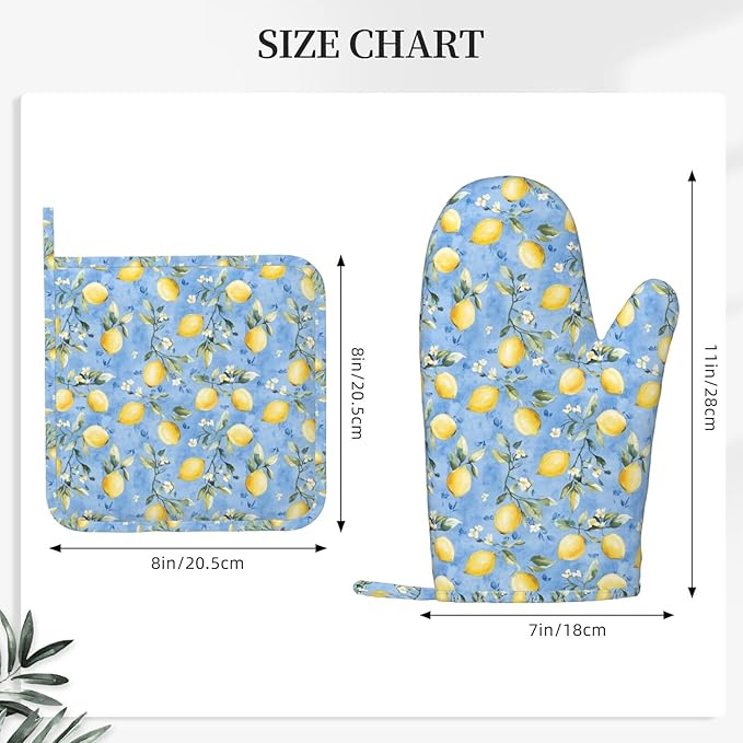 Oven Mitts Pot Holders Set Watercolor Lemon Flower Blue Silicone Kitchen Gloves Potholders Heat Resistant for Chef Baking Cooking Grilling BBQ 4 Pack Mitt