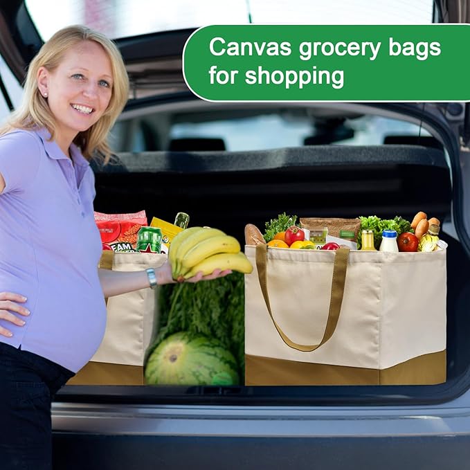 CNaiyunpin 3 Pack Canvas Reusable Grocery Bags Heavy Duty, 8.3 gal Foldable Large Tote Bag with Handles, Holds 60 lbs Canvas Shopping Bags & Washable Eco-friendly Bags with 5 Pockets, camel+Off white