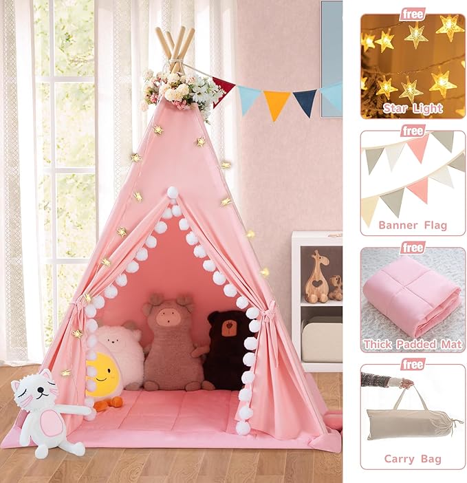 WIRHAO Teepee Tent for Kids with Padded Mat Cotton Canvas Kids Tent with Pompom for Toddlers Indoor Play Tent for Girls Boys with Stars Lights, Carry Bag, Banner Flag (Pink)