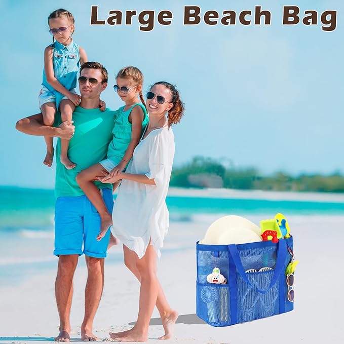 Fammart Mesh Beach Bag, Large Beach Tote Bags with Zipper, Toys Pool Bag for Family Travel Vacation Cruise Essentials