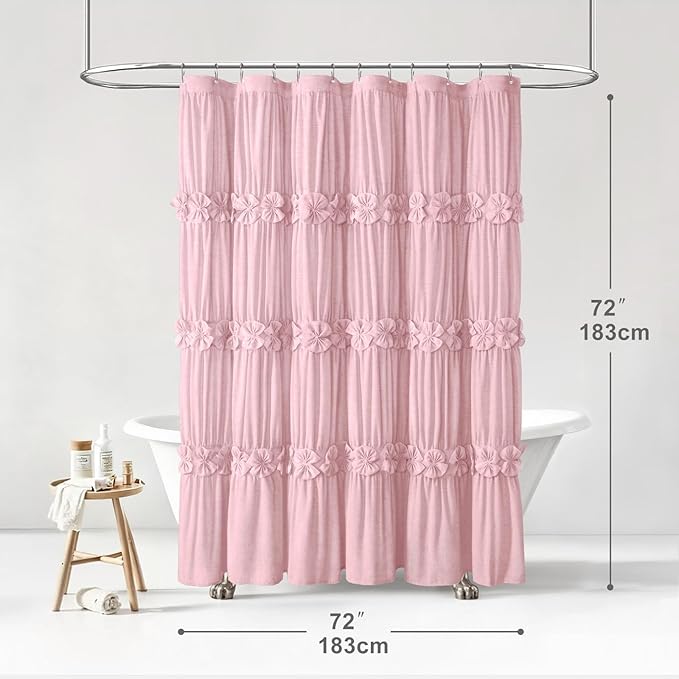 XOGUIBO Ruffle Shower Curtain with Handmade Bow Tie, Pink Linen Vintage Farmhouse Shower Curtain for Bathroom, 72" W x 72" H