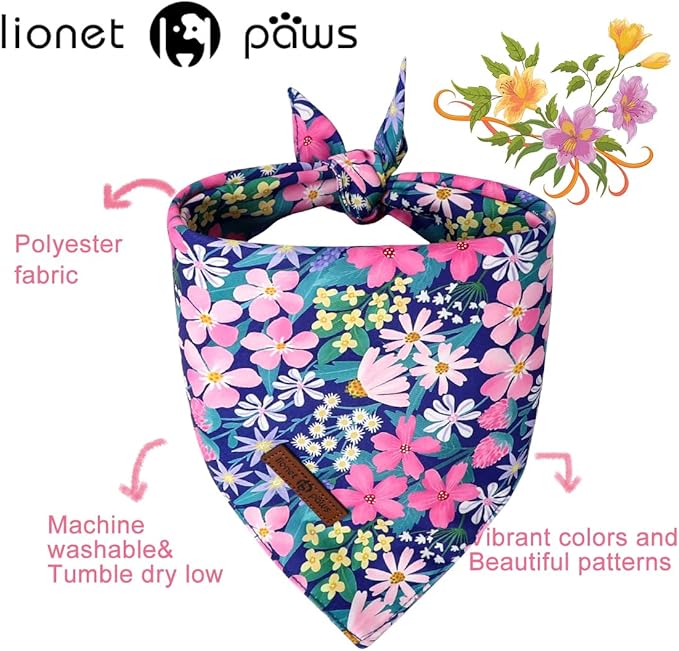 Lionet Paws Summer Floral 2pcs Dog Bandanas, Pink Daisy Dog Scarf Bib Premium Fabric, Blue Blossoms Bandanas for Medium Large Dogs Pets