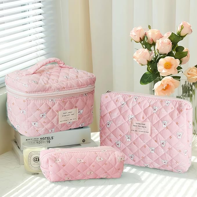 Cozomga Quilted Makeup Bag, Large Capacity Travel Cosmetic Bag for Women and Girls, Aesthetic Storage for Daily and Travel Use (3pcs-RabbitAnimalPrint)
