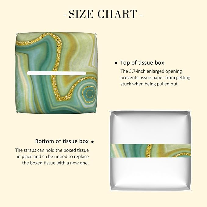 POIUBLE Leather Tissue Box Holder Green and Gold Abstract Marble Tissue Box Cover Square Waterproof Tissue Holder Organizer Modern Napkin Holder for Bedroom Dresser Night Stand Office Desk
