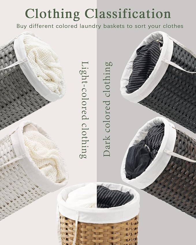 SETVSON Large Laundry Hamper Laundry Basket Round 34.3 Gal (130 L) Handwoven Wicker Laundry Baskets Rattan Laundry Basket with Laundry Bag Handles 2 Mesh Bags for Living Room Bedroom White