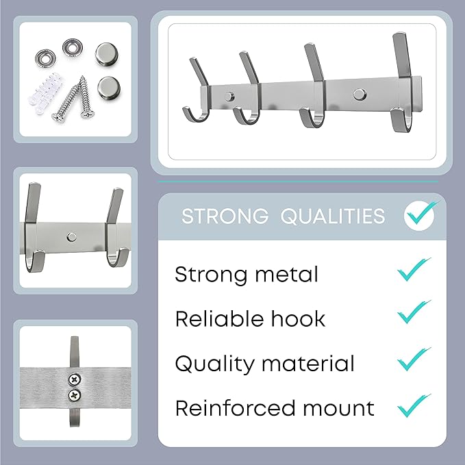SAYONEYES Coat Rack Wall Mount – Brushed Nickel 12 Inch Stainless Steel Hook Rail with 4 Heavy Duty Double Coat Hooks – Wall Mounted Coat Hanger for Entryway, Bathroom, Bedroom, Towel, Hat Organizer