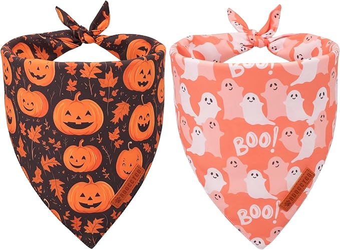 ADOGGYGO Halloween Dog Bandana, Pumpkin Ghost Pet Scarf, Orange Black Halloween Bandanas for Medium Large Dog (Large)