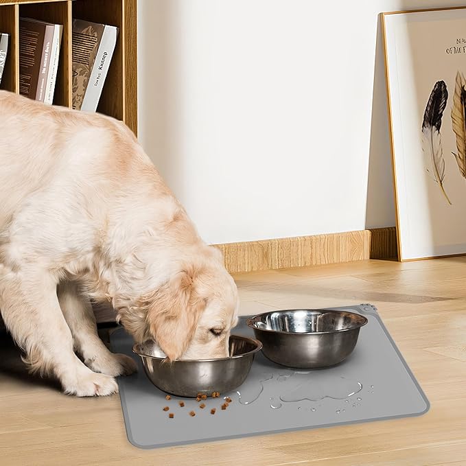 MoPawKT- Pet Food Mat 21” x 15“ with Raised Edges, Waterproof, Anti-Slip, Thickened Silicone Dog Food Mat for Bowls, Pet Accessories Tray Cat Food Mat Prevent Water Splashing onto The Floor (Black)